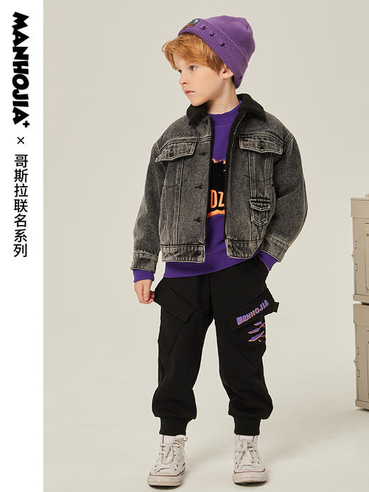 马拉丁潮牌漫画家儿童外套冬季新品复古街头炒雪花绒毛领牛仔夹克 商品图1
