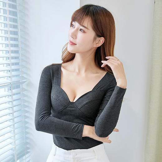 德绒无痕保暖内衣上衣薄款发热带胸垫冬季低领打底衫女士秋衣紧身 商品图1