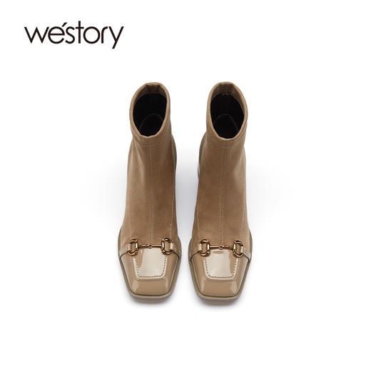 westory2021秋季新款时尚拼接方头绒面马衔扣粗跟短靴S21DS81241 商品图3