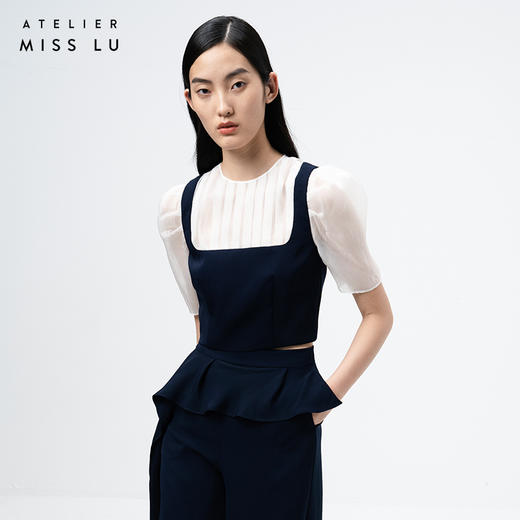 AtelierMissLu /Liliana-泡泡袖藏青拼白短上衣 商品图1