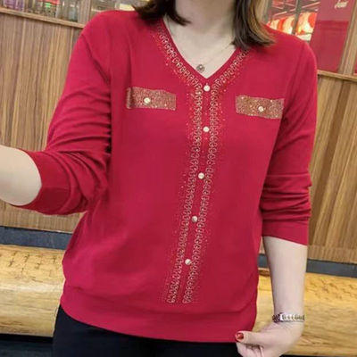 YX-271985593373 中老年女秋装长袖T恤四五十岁穿中年春秋打底衫洋气妈妈针织上衣 商品图3