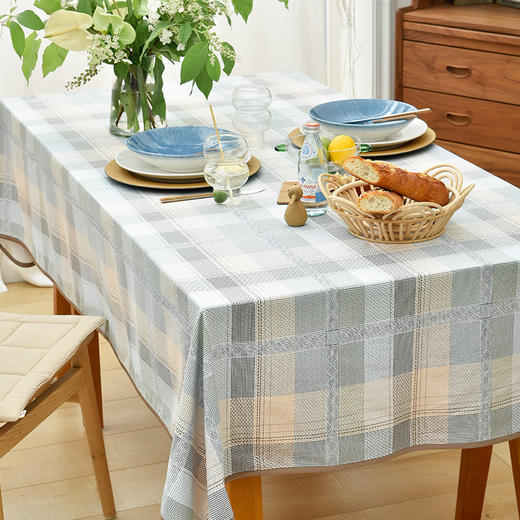 经典苏格兰灰蓝格纹桌布棉质帆布长方形桌布 商品图1