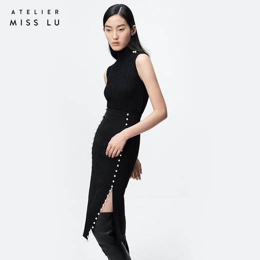 AtelierMissLu / Elma-黑色珍珠开衩半身裙 商品图2