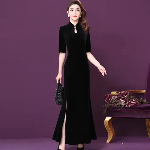 WXY-A6-20019X新款时尚优雅气质修身立领短袖长款金丝绒包臀礼服裙 商品图1