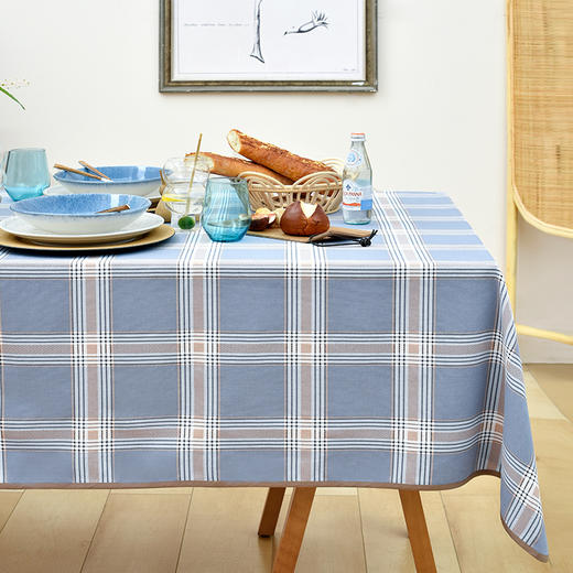 蓝色英式皇家格纹棉质帆布桌布 商品图0