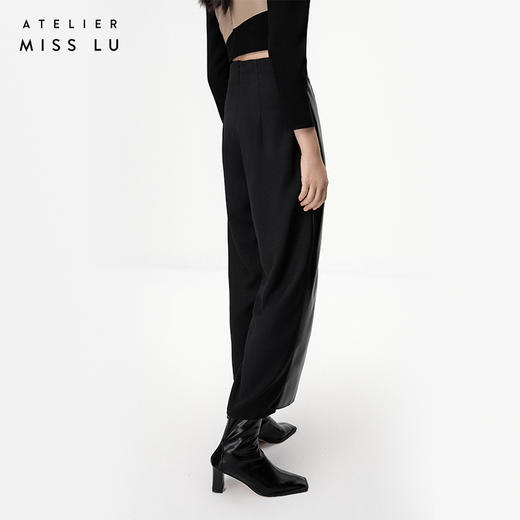 【黎明前】光泽黑不规则曲线立裁拼皮高腰阔腿裤/ 000106A 商品图3