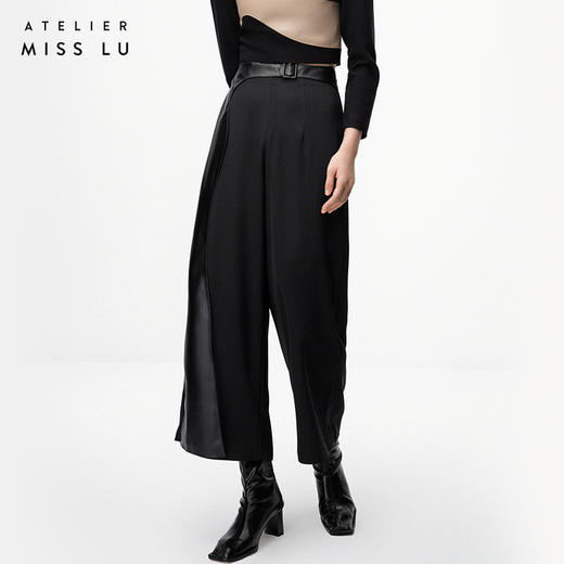 【黎明前】光泽黑不规则曲线立裁拼皮高腰阔腿裤/ 000106A 商品图1