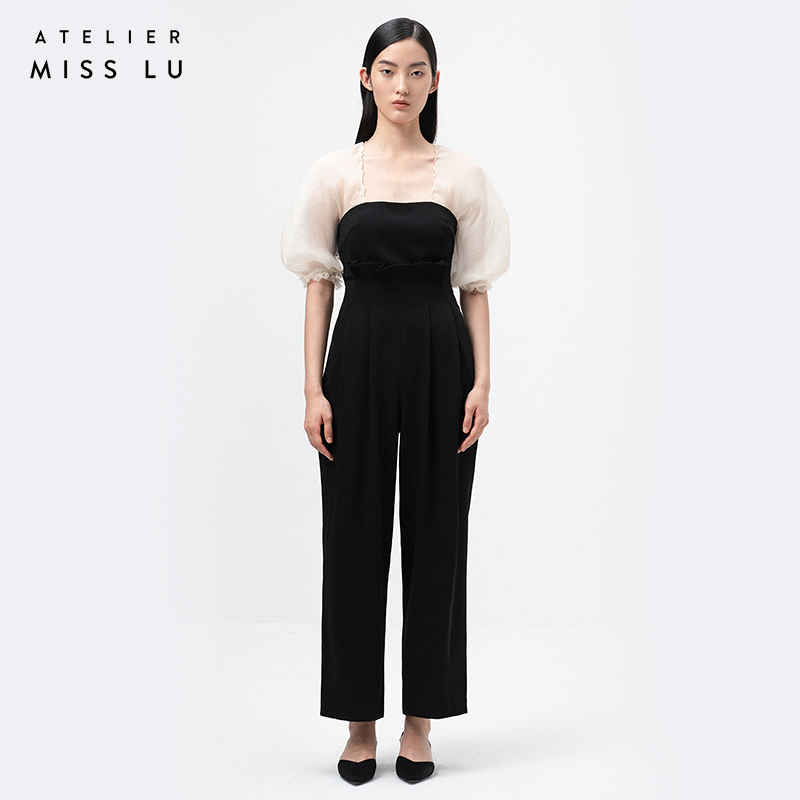 AtelierMissLu /  Lois-光泽黑蓬蓬纱袖拼色连体裤
