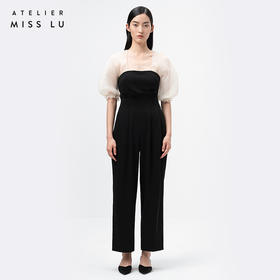 AtelierMissLu /  Lois-光泽黑蓬蓬纱袖拼色连体裤