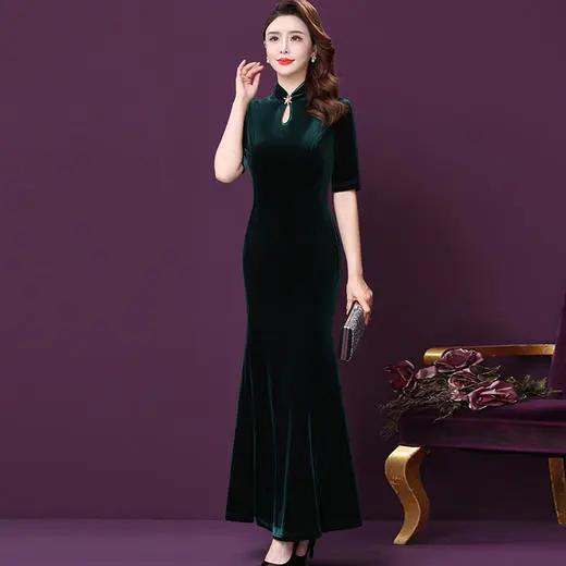 WXY-A6-20019X新款时尚优雅气质修身立领短袖长款金丝绒包臀礼服裙 商品图2
