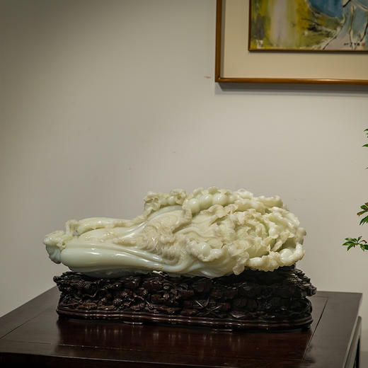 和田玉雕白菜摆件（红木座） 商品图4
