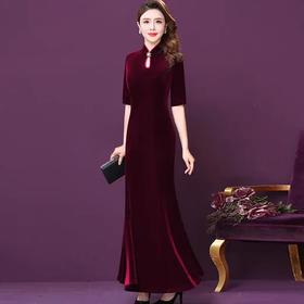 WXY-A6-20019X新款时尚优雅气质修身立领短袖长款金丝绒包臀礼服裙