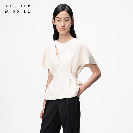 【镂空戏法】细叶镂空对折收腰落肩造型米白上衣/ 00203 商品图1