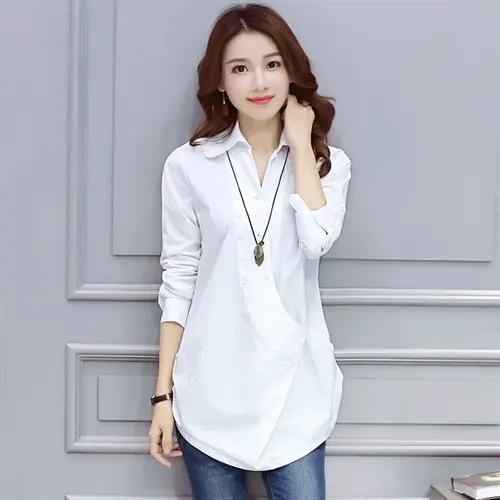 WZNH-FZC8619秋季中长款直筒POLO领纯色不规则衬衫 商品图0