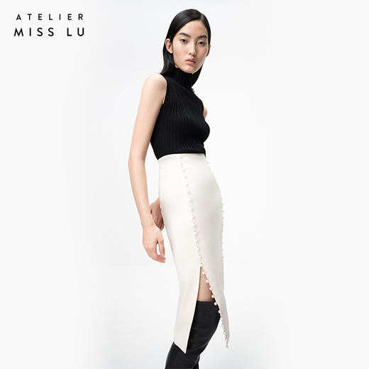 AtelierMissLu / Elma 白色珍珠开衩半身裙 商品图2