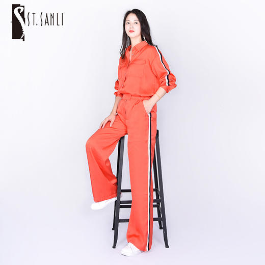 圣三利女装春秋季缎面条纹拼接休闲裤，女裤SL121C32 商品图0