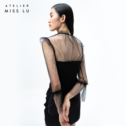 AtelierMissLu—黑色拼纱造型连身短裙 商品图3