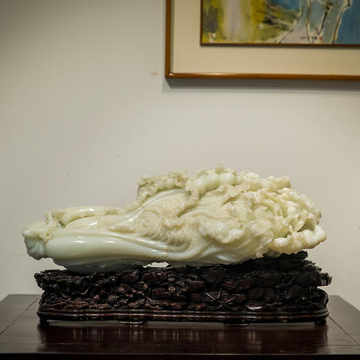 和田玉雕白菜摆件（红木座） 商品图0