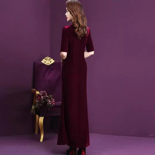 WXY-A6-20019X新款时尚优雅气质修身立领短袖长款金丝绒包臀礼服裙 商品图3