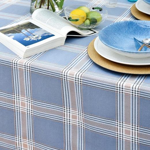 蓝色英式皇家格纹棉质帆布桌布 商品图1