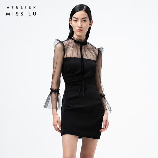 AtelierMissLu—黑色拼纱造型连身短裙 商品图1