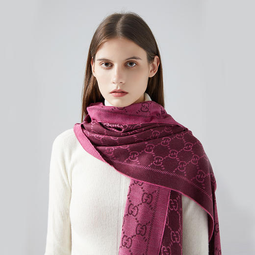 GUCCI/古驰围巾女士经典双G提花流苏边针织羊毛围巾133483 3G200 商品图1
