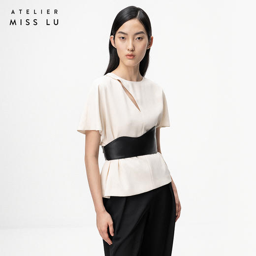 【镂空戏法】细叶镂空对折收腰落肩造型米白上衣/ 00203 商品图2