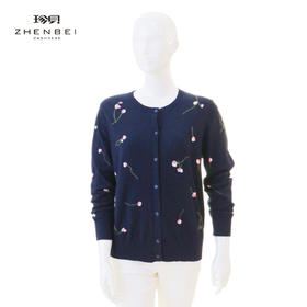 珍贝丝绒圆领嵌花女开衫66656