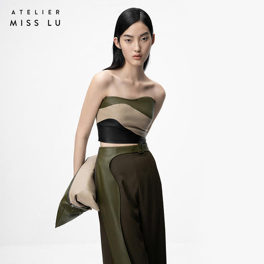 【黛博拉】橄榄绿不规则曲线撞色拼皮抹胸上衣/00200 商品图1