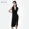 【润夜】AtelierMissLu设计师V领珍珠手订开叉黑色修身连衣裙/0000673A 商品缩略图1