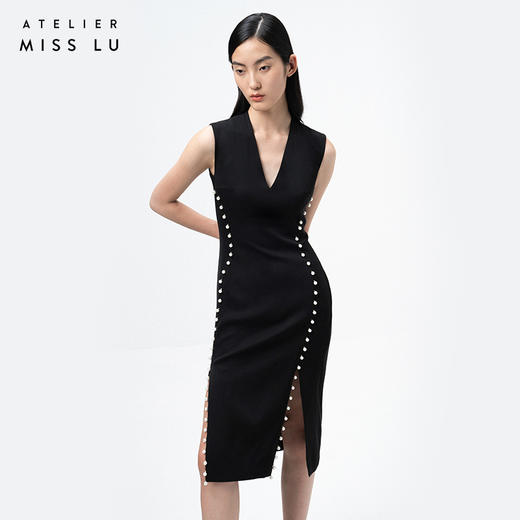 【润夜】AtelierMissLu设计师V领珍珠手订开叉黑色修身连衣裙/0000673A 商品图1