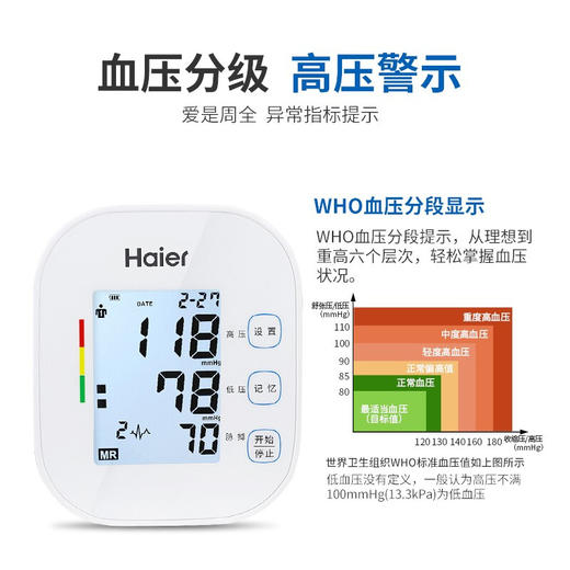 海尔 Haier  电子血压计 医用血压仪 全自动 上臂式 测血压仪器 家用 语音大屏 血压计 BSX582 商品图4