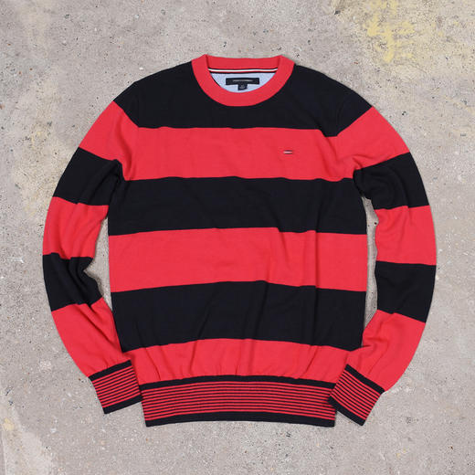 薄红黑拼色棉质 胸前标 圆领毛衣/针织衫 T-1096 商品图1