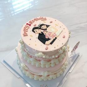 一家三口手绘双层复古蛋糕-低糖处理无添加