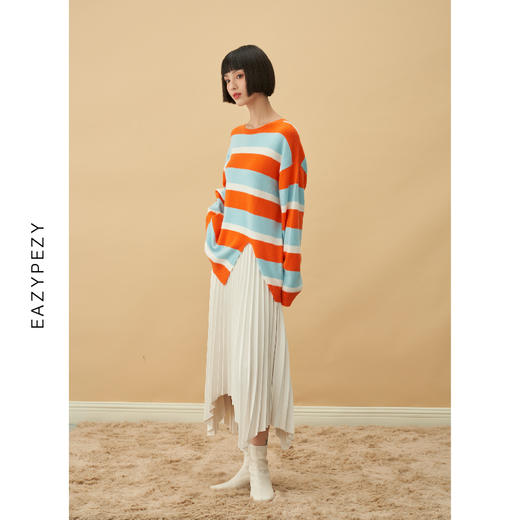 EAZYPEZY  NEMO粗条纹前开叉羊绒羊毛套头衫 商品图1