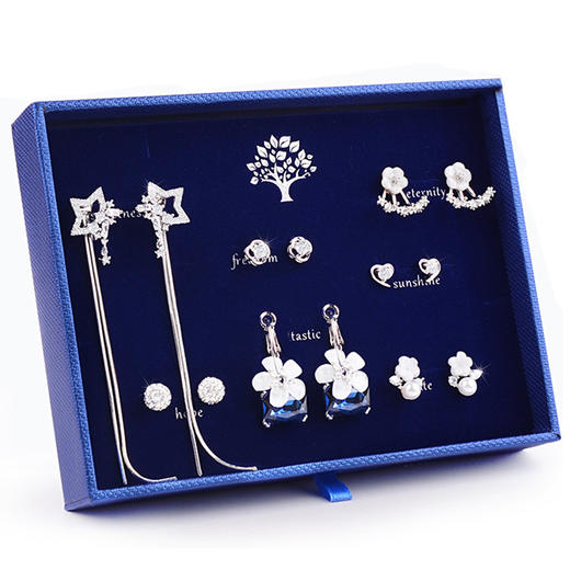 六鑫珠宝 一周7对耳钉套装 每天一款耳饰 925银针 每天一种美丽心情 T36（蓝树礼盒） 商品图5