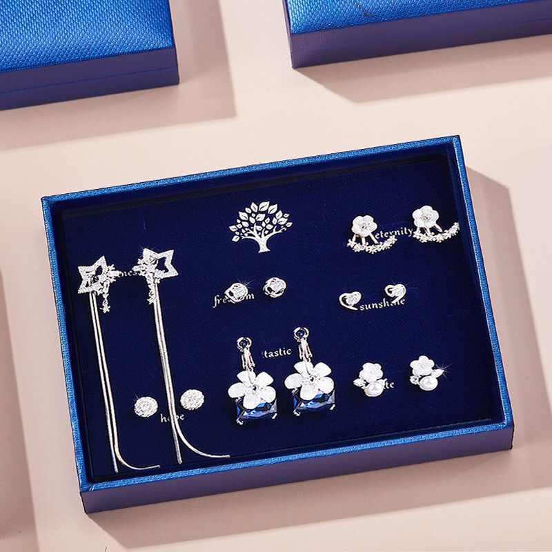 六鑫珠宝 一周7对耳钉套装 每天一款耳饰 925银针 每天一种美丽心情 T36（蓝树礼盒）