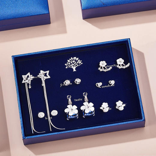 六鑫珠宝 一周7对耳钉套装 每天一款耳饰 925银针 每天一种美丽心情 T36（蓝树礼盒） 商品图0