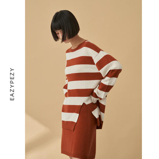 EAZYPEZY  NEMO粗条纹前开叉羊绒羊毛套头衫 商品图2
