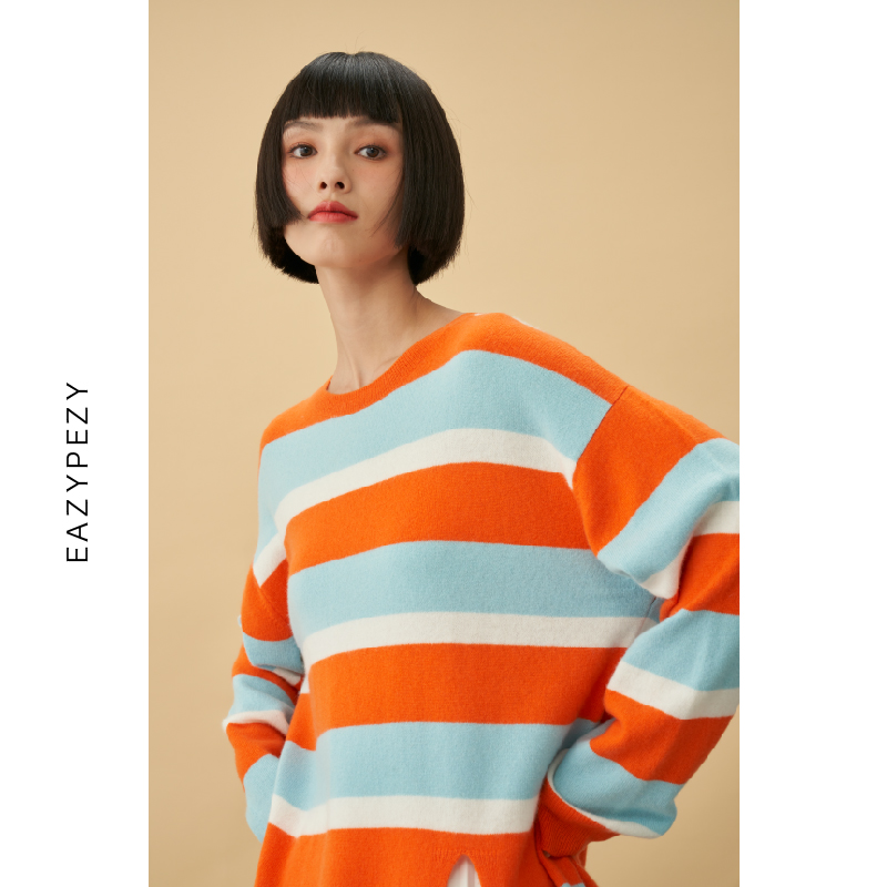 EAZYPEZY  NEMO粗条纹前开叉羊绒羊毛套头衫