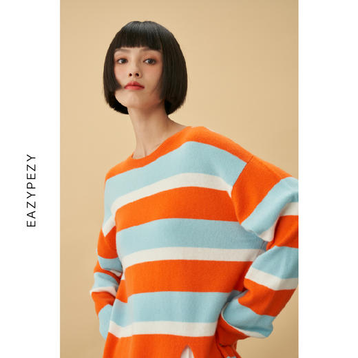 EAZYPEZY  NEMO粗条纹前开叉羊绒羊毛套头衫 商品图0