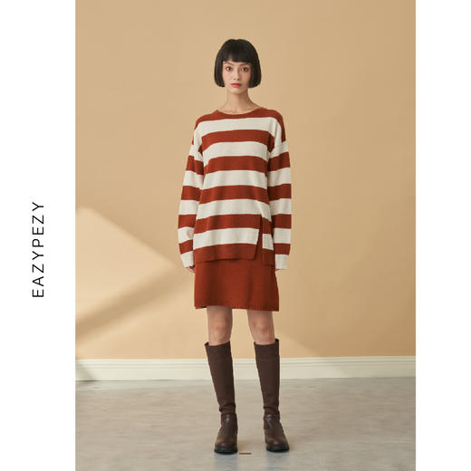 EAZYPEZY  NEMO粗条纹前开叉羊绒羊毛套头衫 商品图3