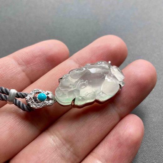 玻璃种飘阳绿翡翠貔貅18k白金钻石绿松石镶嵌 商品图9