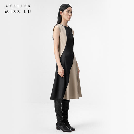 【夜空流砂】流畅曲线砂岩驼撞色拼皮收腰连衣裙/0000727A 商品图3