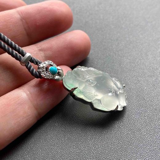 玻璃种飘阳绿翡翠貔貅18k白金钻石绿松石镶嵌 商品图10