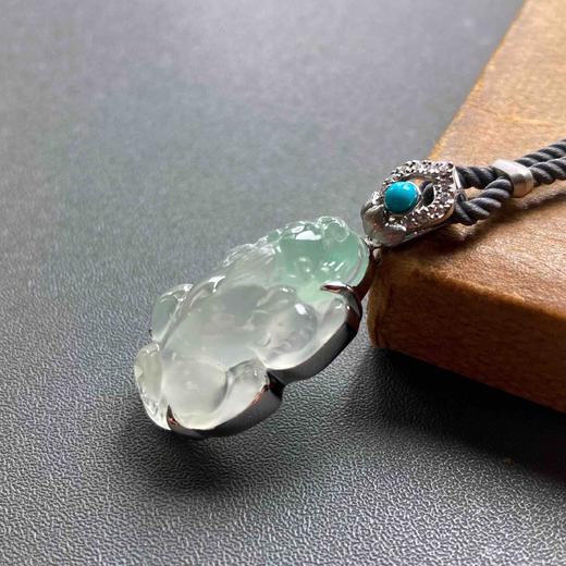 玻璃种飘阳绿翡翠貔貅18k白金钻石绿松石镶嵌 商品图3