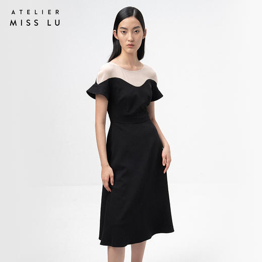 【云雾间】米白流线拼纱造型袖A字气质连衣裙/0000754 商品图1