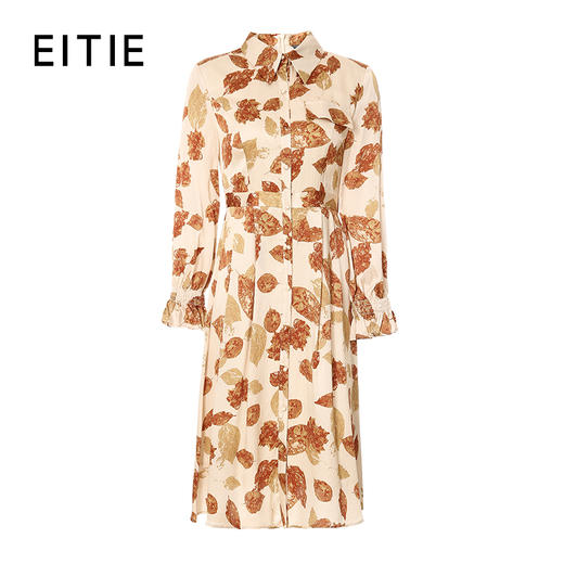 EITIE爱特爱秋季新款时尚洋气枫叶印花收腰显瘦立领连衣裙女6707416 商品图5