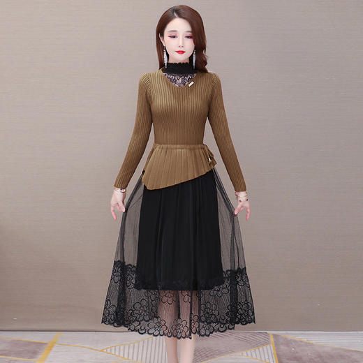 YWE-YM-MN90新款时尚优雅气质修身半高领长袖针织拼接中长款网纱连衣裙 商品图4