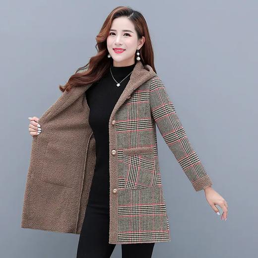 MQ-MZX296秋冬新款中长款韩版连帽款千鸟格大衣一件 商品图1